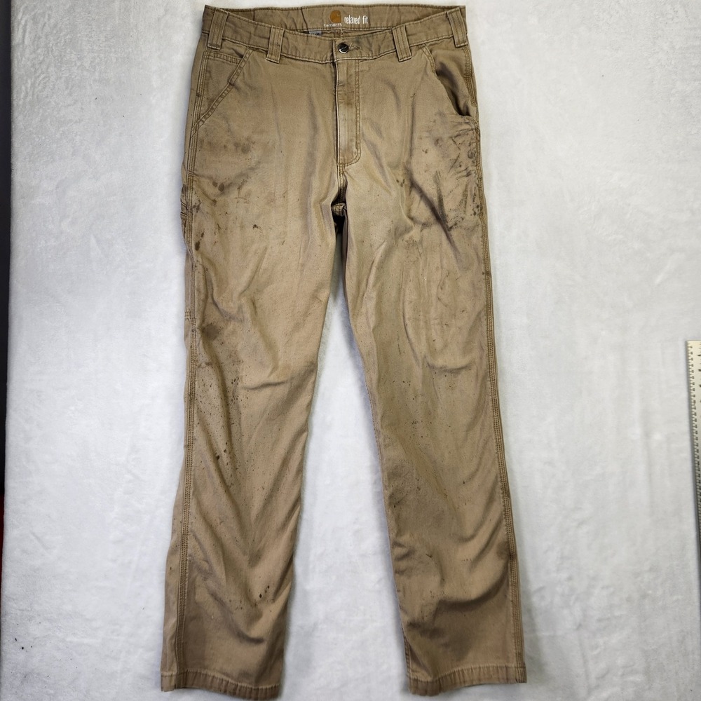Carhartt Mens Relaxed Fit Canvas Work Pants Tan‎ Distressed 34x34 34x31 Actual